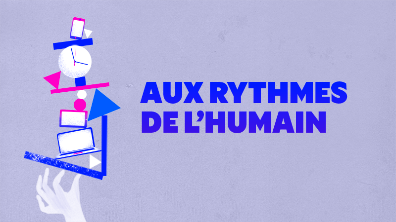 Graphisme de La Semaine Numérique, une main tenant en équilibre sur deux doigts diverses formes et objets (ordinateur, tablette, téléphone, horloge).

Texte : aux rythmes de l'humain.